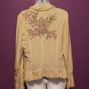 Sugar Lips brand tan jacket with purple/lavender embroidery detail, size L